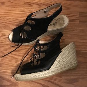Gaimo  Black Leather Lace-Up Espadrille Wedges